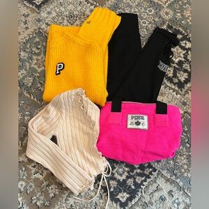 Bundle of VS PINK leggings, sweater, & Bag.
